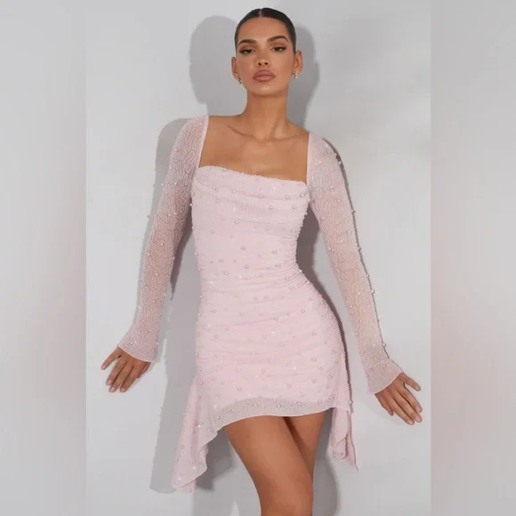 Oh Polly | Dresses | Oh Polly Tivoli Long Sleeve Embellished Cowl Neck Mini  Dress In Blush | Poshmark